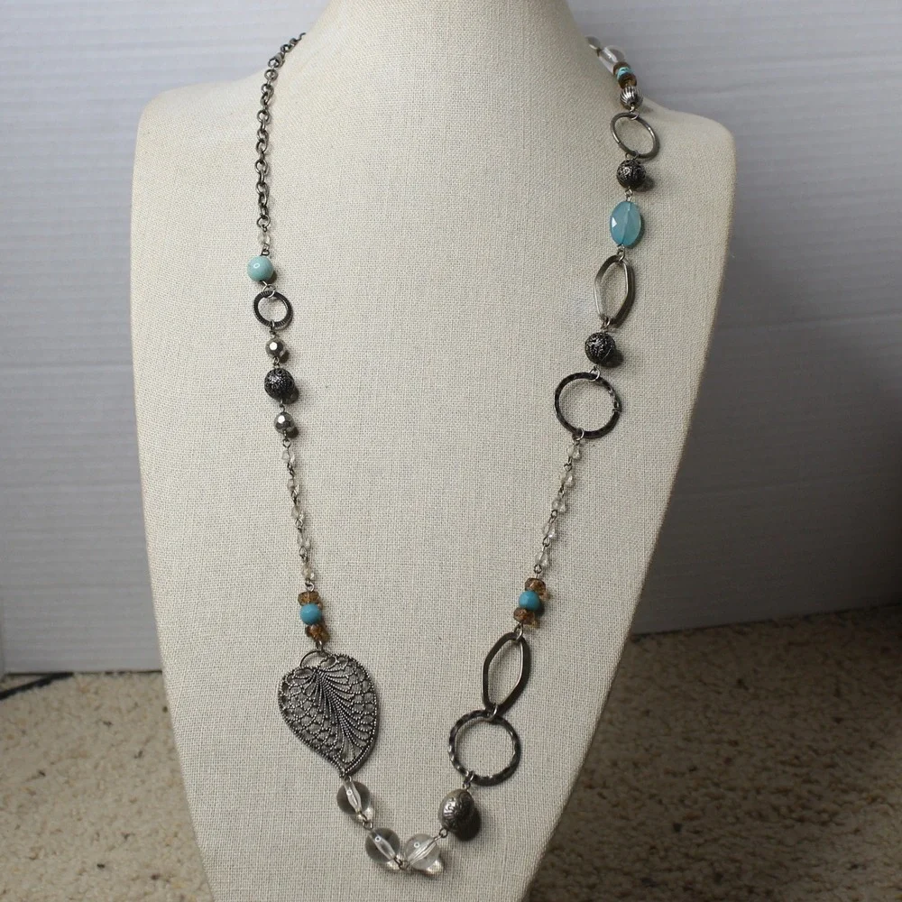 Long Station Necklace Filigree Leaf Turquoise Bead Silver Tone 34 Inch Boho OS